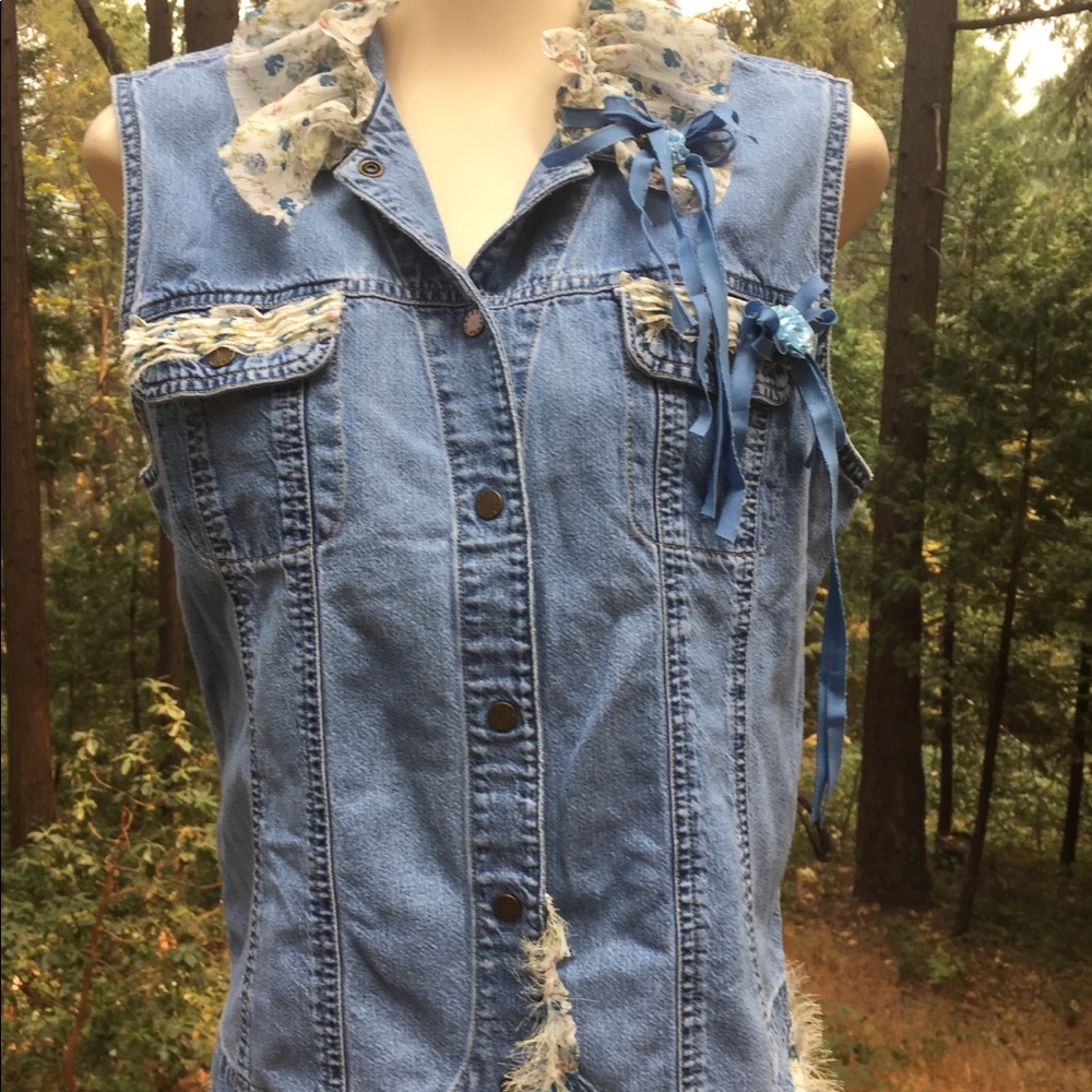 Kreativekristen upcycled Boho style denim waistcoat vintage denim vest - Picture 2 of 16